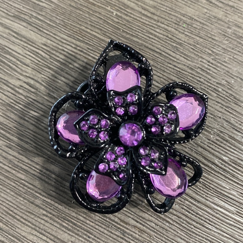 Purple Stones Black Flower Stretch Band Ring New - Picture 6 of 10